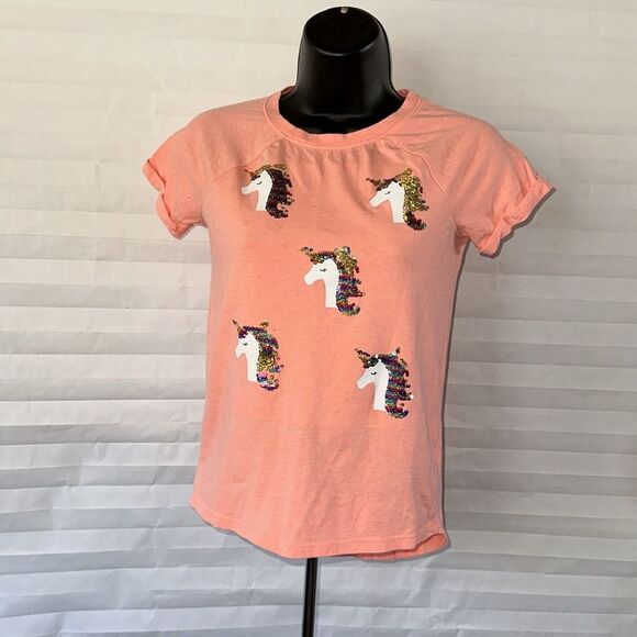 Cat & Jack Girls Unicorn Sequin T-Shirt Size 10-12 Orange Short Sleeve Tee Top - Picture 1 of 3